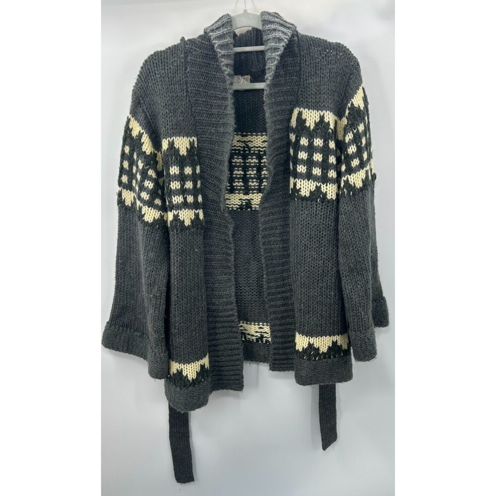 Vintage 70s Chunky Cowichan Style Knit Belted Cardigan Sweater Charcoal XL Boho